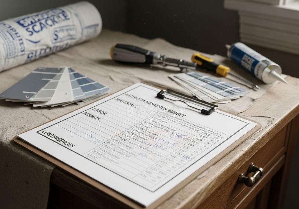Bathroom renovation planning with budget sheet and paint samples on workspace