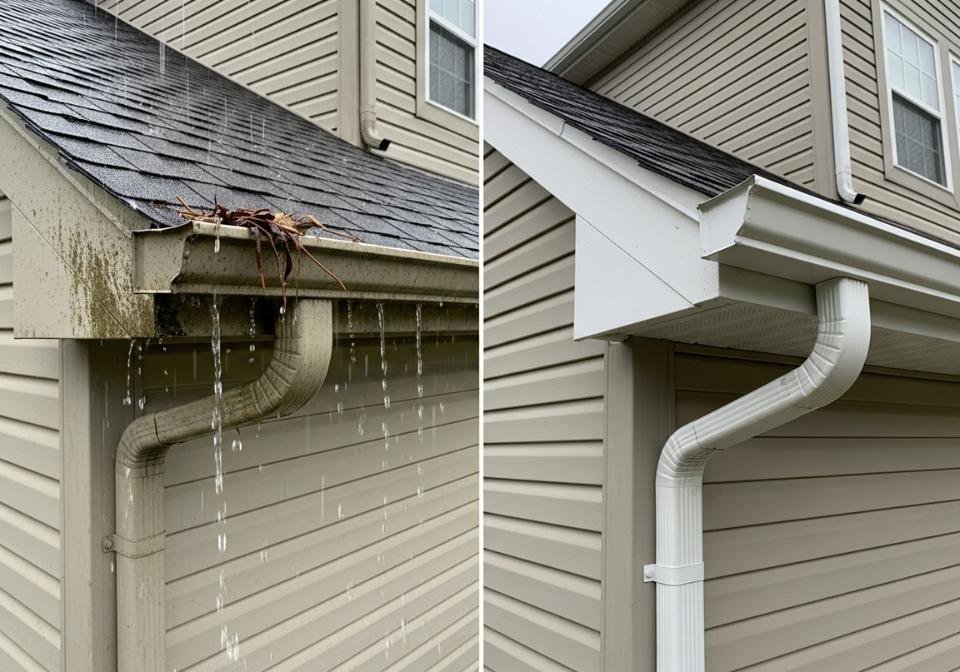 Split image comparing old gutter filled with debris and water overflow on the left and a clean newly installed white aluminum gutter with downspout on the right side of a residential house