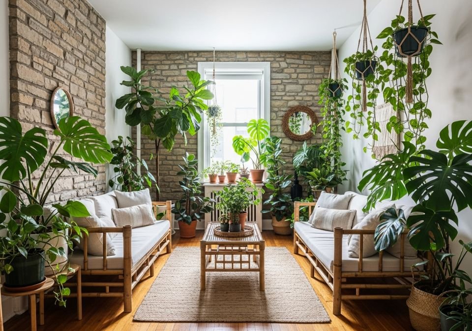 Biophilic Living Room With Lush Indoor Greenery