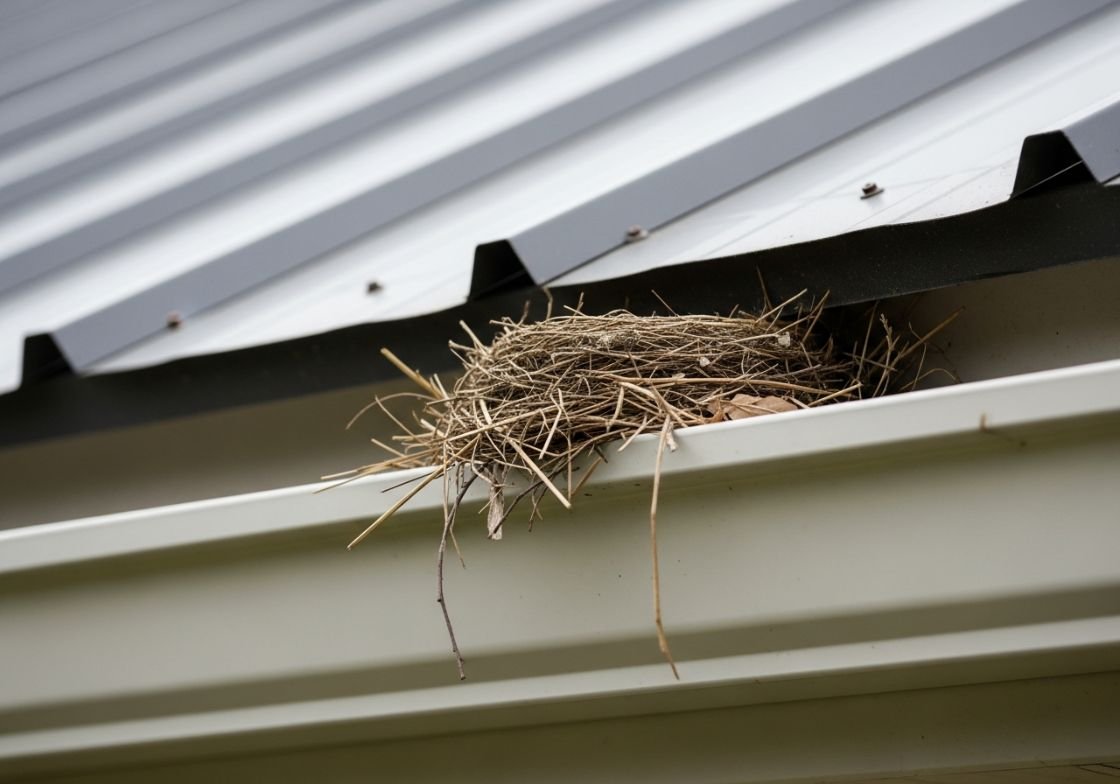 Bird Nest Blocking Gutter on Residential Roof