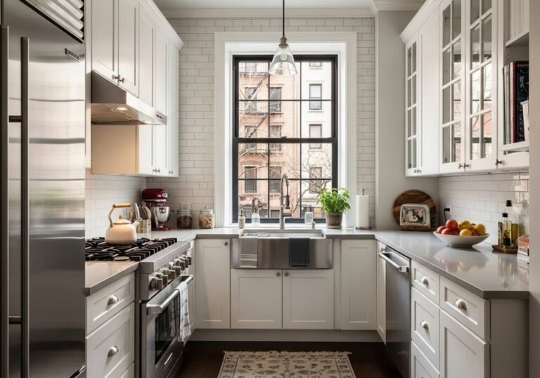 Modern Brooklyn kitchen with white cabinets subway tile backsplash stainless steel appliances farmhouse sink and large window overlooking brownstone buildings