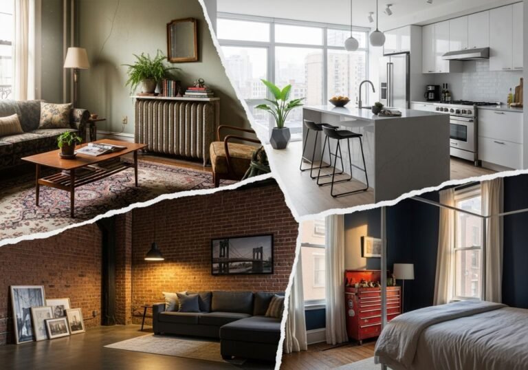Collage of four Brooklyn home interiors showing a prewar living room a modern kitchen a loft with exposed brick and a cozy townhouse bedroom