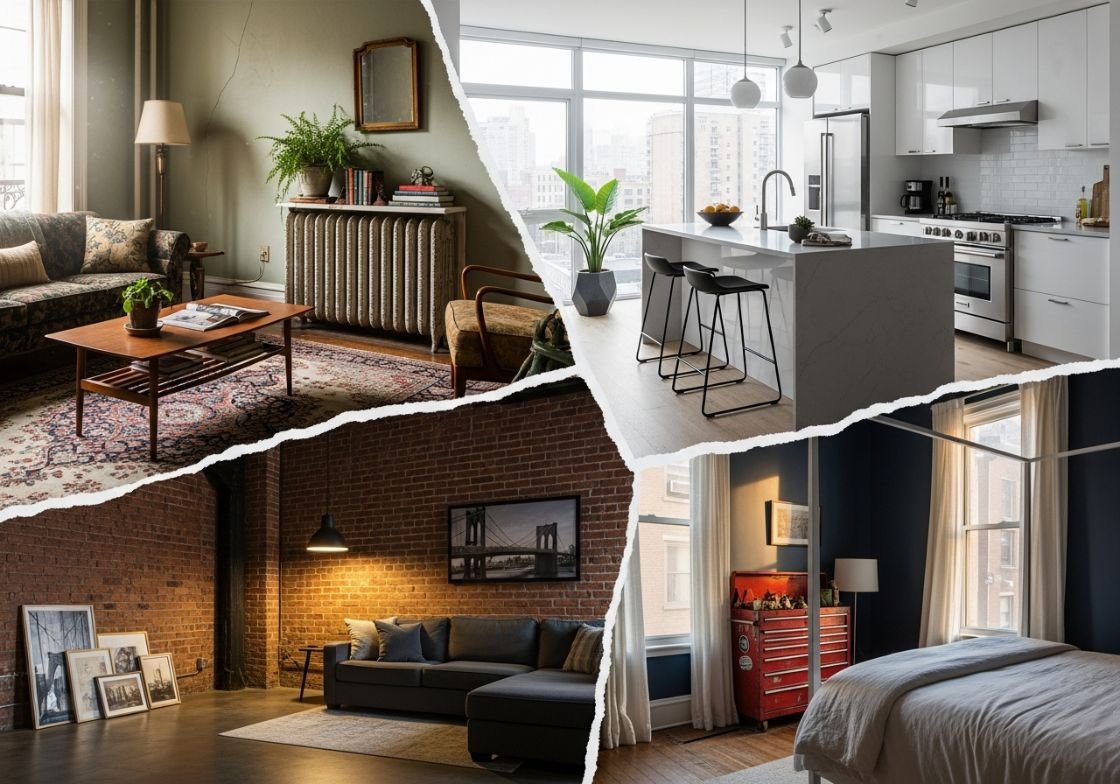 Collage of four Brooklyn home interiors showing a prewar living room a modern kitchen a loft with exposed brick and a cozy townhouse bedroom