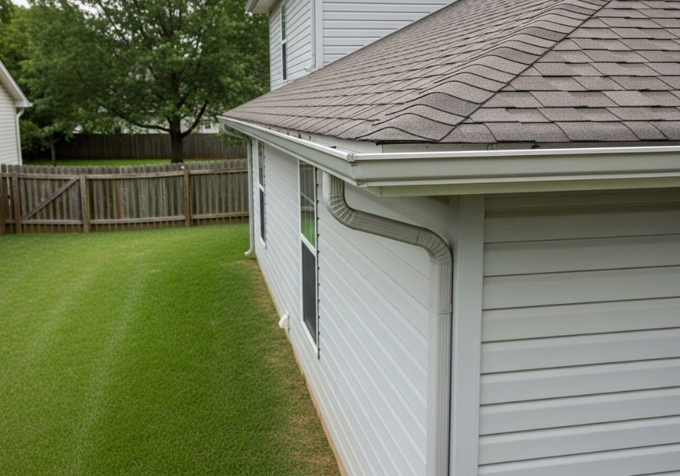 Detailed view of a white aluminum gutter and downspout system on the corner of a light gray suburban home with asphalt shingles and vinyl siding