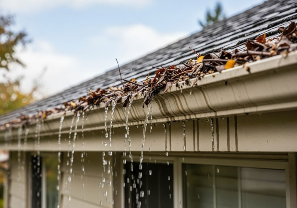 Clogged Gutter Overflowing With Leaves and Rainwater