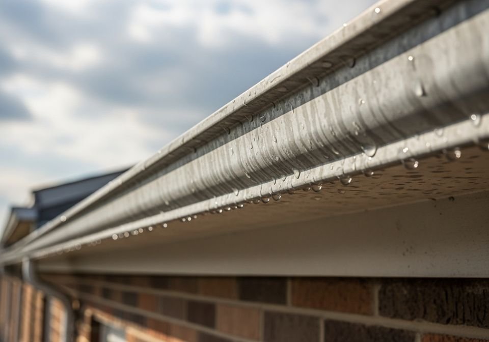 Close up of galvanized rain gutter on a residential brick house showing water droplets along the edge after a light rainfall with soft background blur