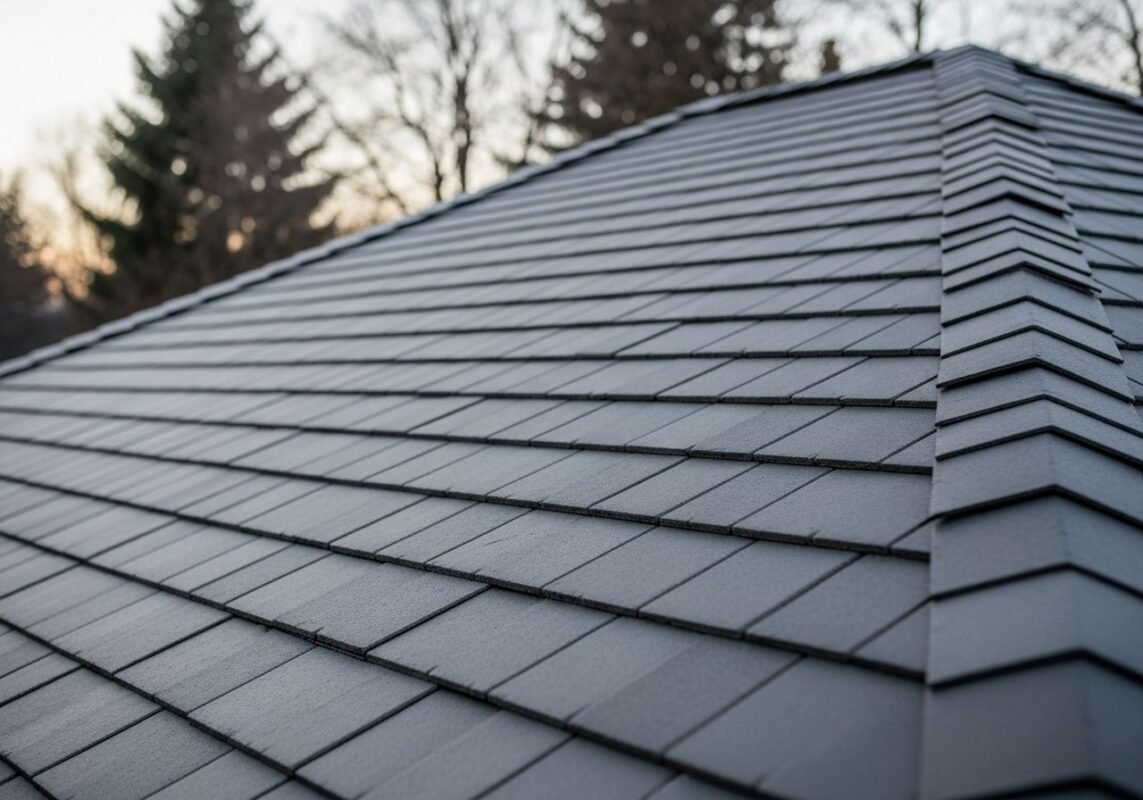 Composite roof tiles designed to mimic natural slate, installed on a modern residential roof.