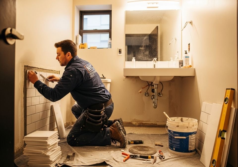 NYC contractor installing white subway tiles in a small Brooklyn bathroom during renovation with visible plumbing tools and unfinished surfaces