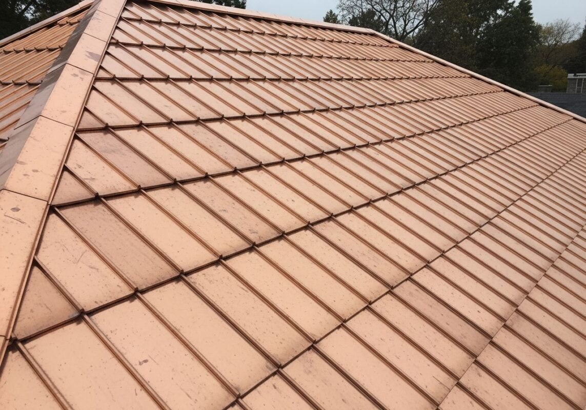 Close-up of copper roof tiles with natural metallic sheen installed on a residential sloped roof.