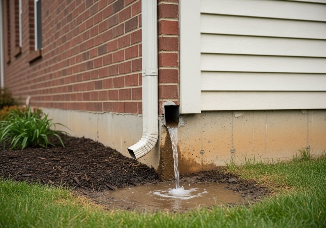 Downspout Discharging Water Directly Beside Home Foundation
