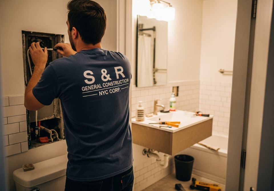 Before and after side-by-side photo showing old damaged Brooklyn bathroom next to a newly renovated modern space with glass shower and white tiles