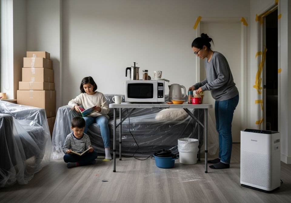 A family using a temporary kitchen setup in a taped-off room while their Brooklyn apartment is under renovation.