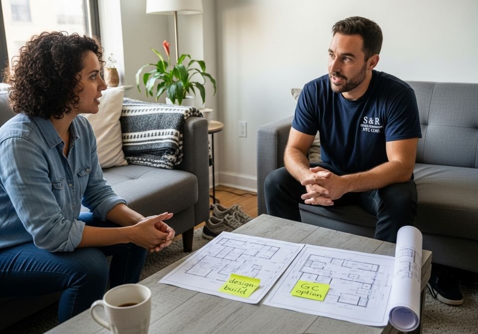 Homeowner talking with a contractor from S and R General Construction NYC Corp in a Brooklyn apartment while reviewing floor plans labeled design build and GC option