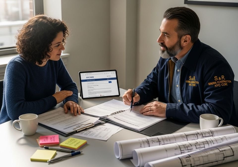 A contractor from S & R General Construction NYC Corp. reviewing renovation paperwork and NYC DOB guidelines with a homeowner at a table.