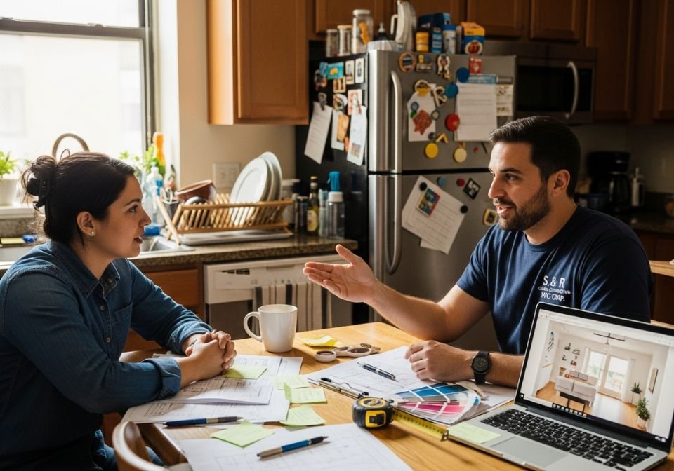 Homeowner and contractor from S and R General Construction NYC Corp sitting at a kitchen table talking and reviewing renovation plans with papers tools a laptop and a color palette in a real Brooklyn apartment