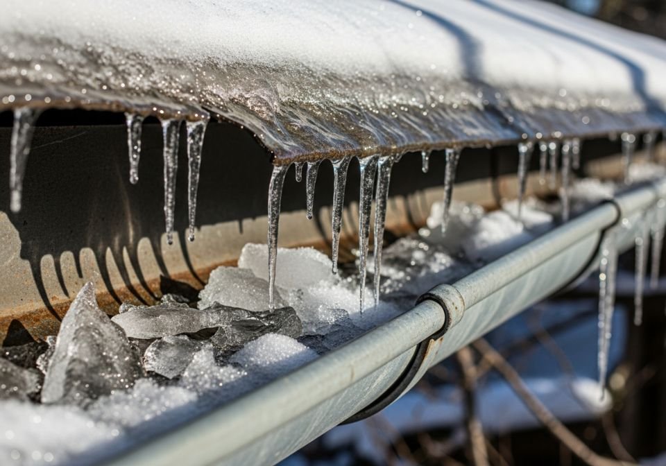 Close-up of a frozen and ice-clogged roof gutter on a Brooklyn home during winter, showing heavy ice buildup and poor drainage that can cause gutter failure.