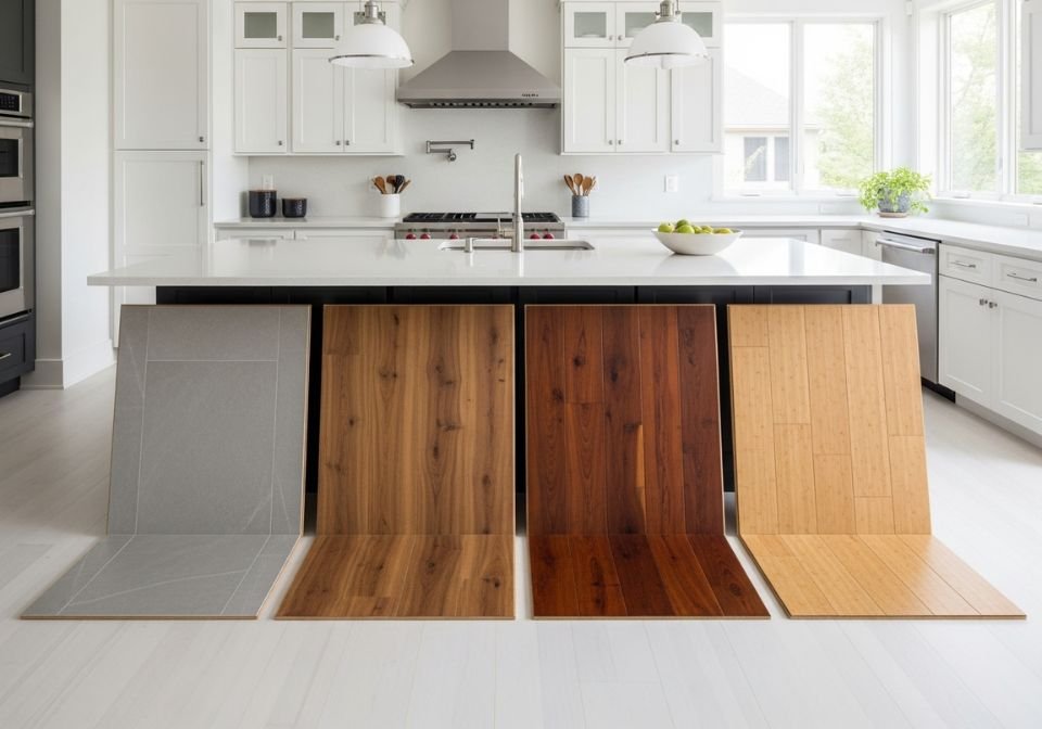 Modern white kitchen with large flooring samples including tile wood vinyl and bamboo laid out in front of the island for selecting materials during a Brooklyn renovation project