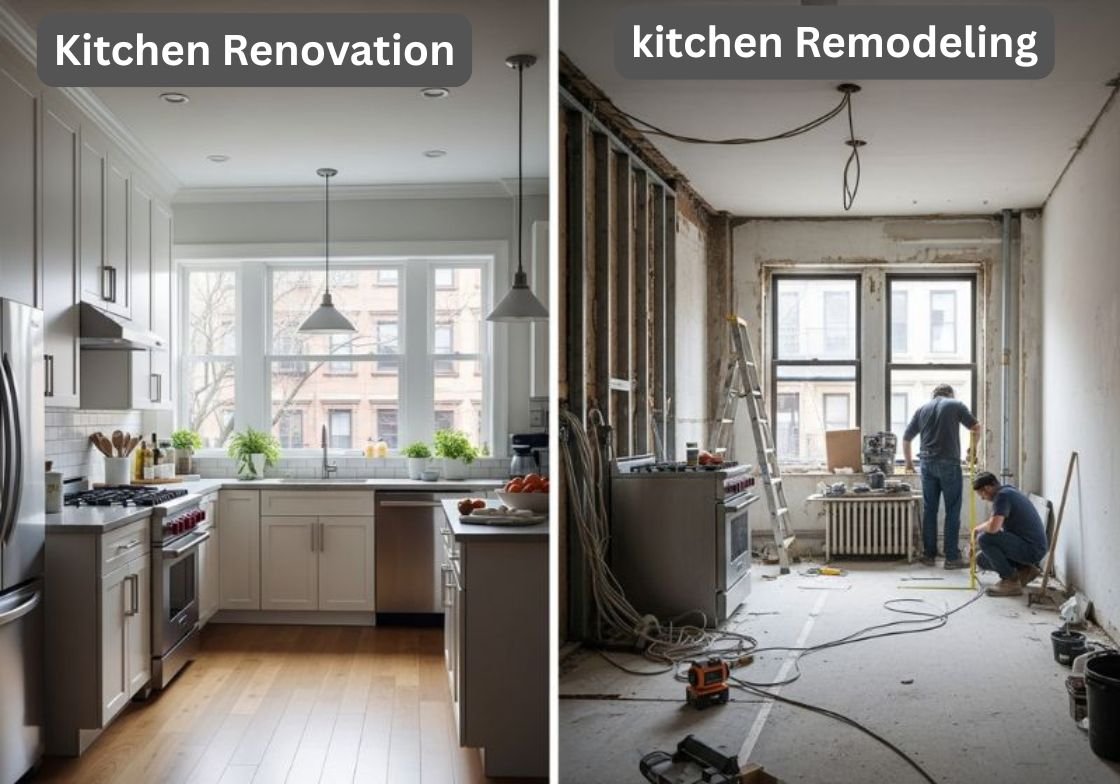 Side by side image showing a modern finished kitchen labeled kitchen renovation next to a gutted construction space labeled kitchen remodeling highlighting the difference between updating and rebuilding a kitchen