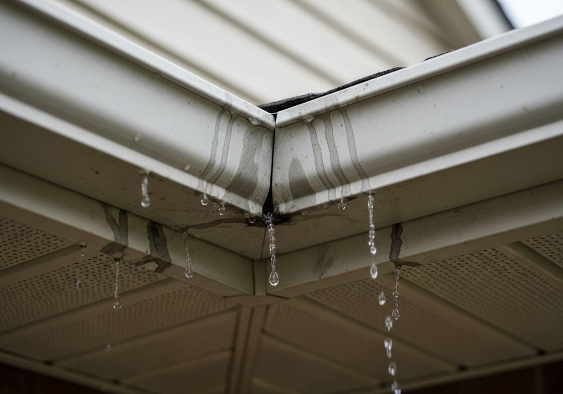 Leaking Gutter Corner With Water Dripping From Seams