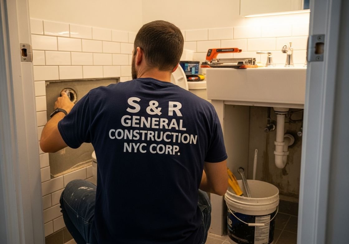 S and R General Construction NYC contractor installing white subway tiles on bathroom wall during renovation with tools and plumbing exposed
