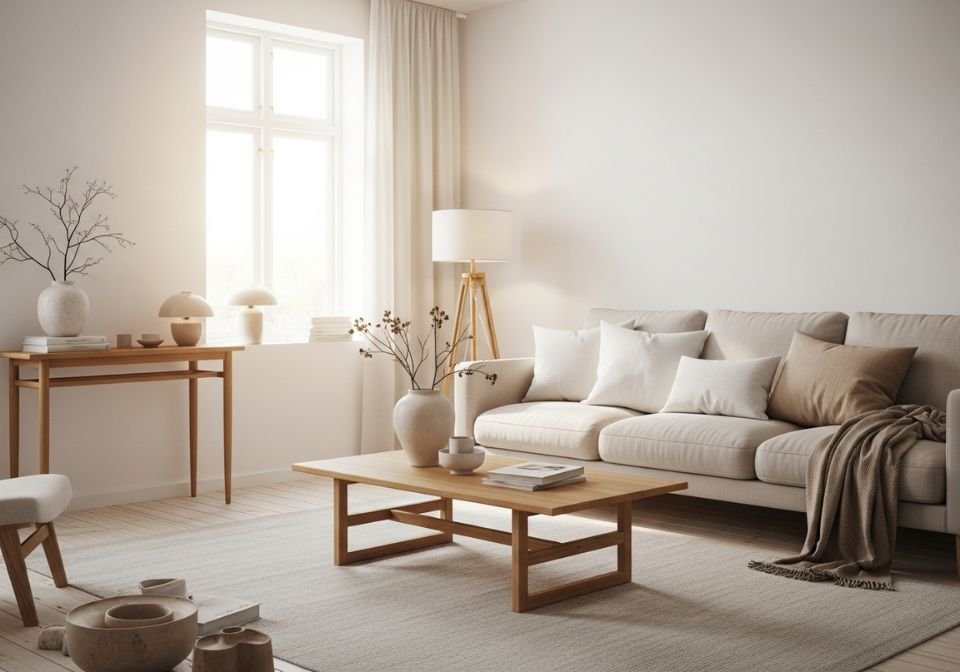 A minimalist Scandinavian living room featuring soft neutrals, wooden furniture, cozy textures, and natural light.
