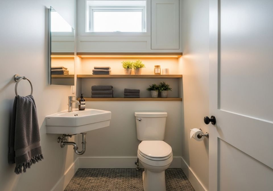 Minimalist bathroom renovation in Brooklyn featuring a wall-mounted sink floating vanity ambient shelving and compact toilet with white tile finishes