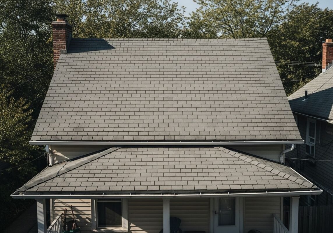 A residential home in Brooklyn with a modern gray asphalt shingle roof, showing clean lines and uniform shingle layout.
