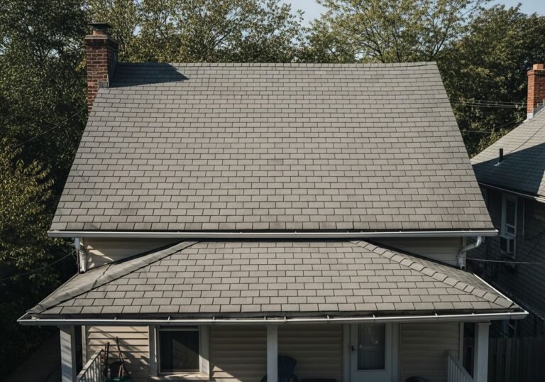 A residential home in Brooklyn with a modern gray asphalt shingle roof, showing clean lines and uniform shingle layout.