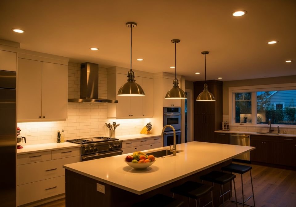 Modern kitchen at night glowing with warm ambient lighting featuring pendant lights recessed ceiling fixtures and under cabinet illumination
