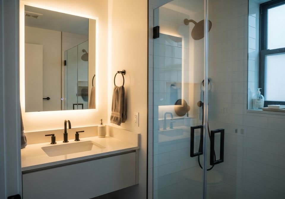 Modern Brooklyn bathroom with LED-lit mirror white floating vanity and black-accented glass shower enclosure featuring matte black fixtures