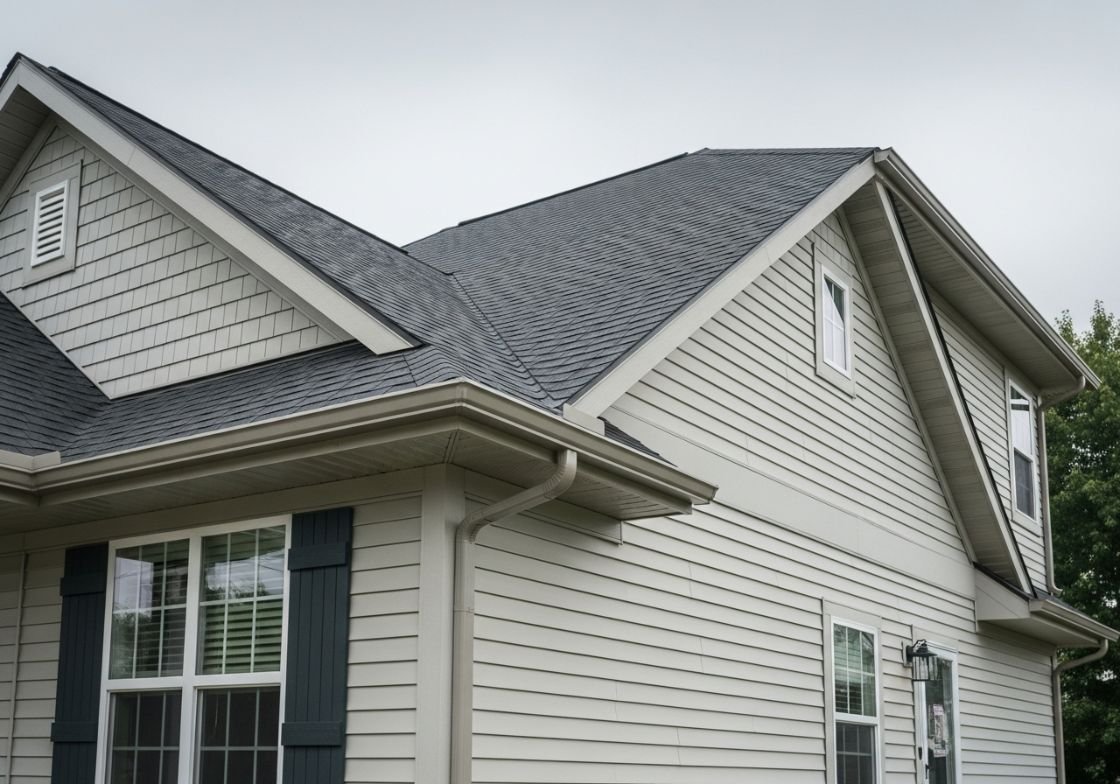 View of a modern light gray American house with dark asphalt shingles and a continuous white aluminum gutter system running along the roof edge and downspouts