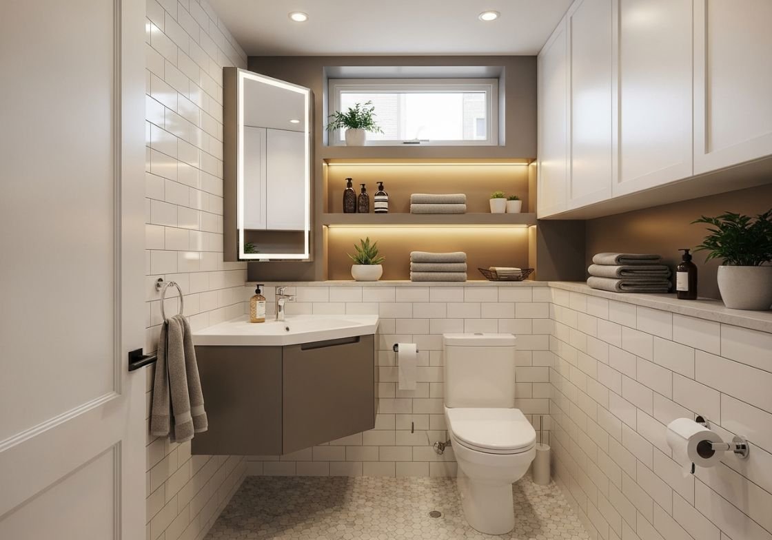 Newly renovated Brooklyn bathroom with floating vanity subway tiles open storage shelves and modern lighting