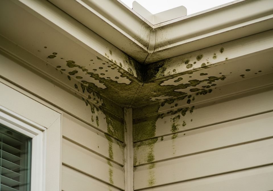 Mold and Mildew Growth Under Eaves From Gutter Overflow