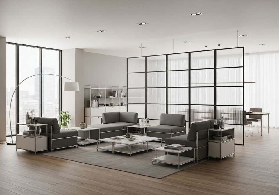 A modern open-concept living area with modular seating, a movable glass partition, and flexible layout options for work and relaxation.
