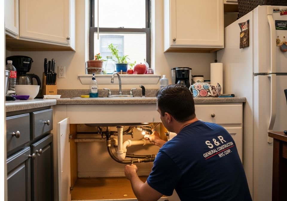 Male plumber wearing an S & R General Construction NYC Corp. shirt inspecting the plumbing under a kitchen sink in a typical NYC apartment, using a small light to check pipes and connections.