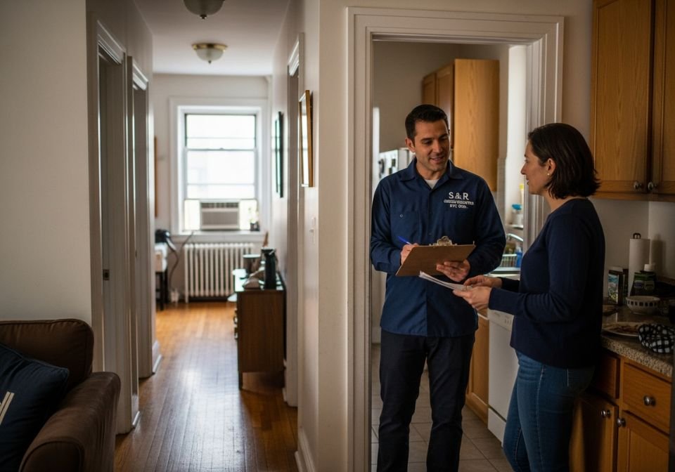 Male plumber from S & R General Construction NYC Corp. reviewing plumbing renovation paperwork with a homeowner inside a typical NYC apartment kitchen.