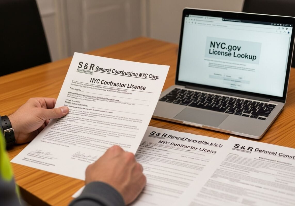 Hands holding an NYC contractor license from S and R General Construction NYC Corp with additional documents on a table and a laptop open to the NYC gov license lookup page