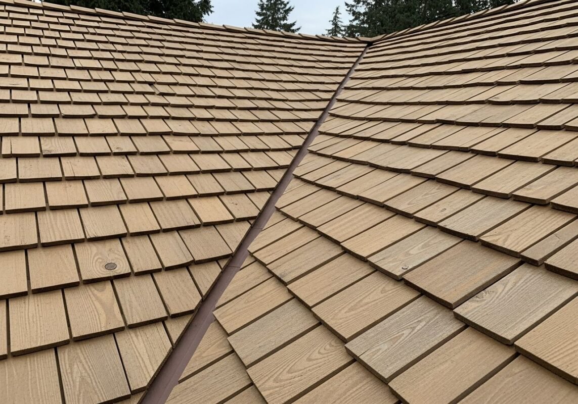 Wood shake roof tiles with natural grain and color variation installed on a residential roof valley.