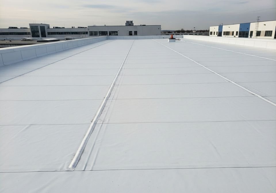A smooth, fully installed white TPO roof showing clean seams and a reflective surface across a flat commercial rooftop.