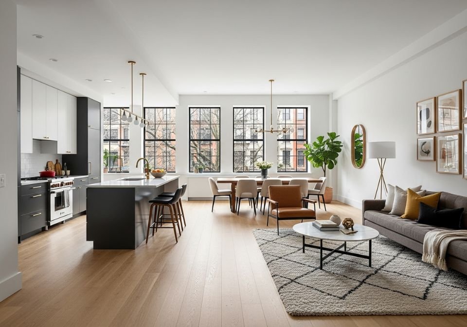 A contemporary high-tech kitchen with sleek cabinetry, a large island, smart refrigerator, pendant lighting, and stainless-steel appliances.