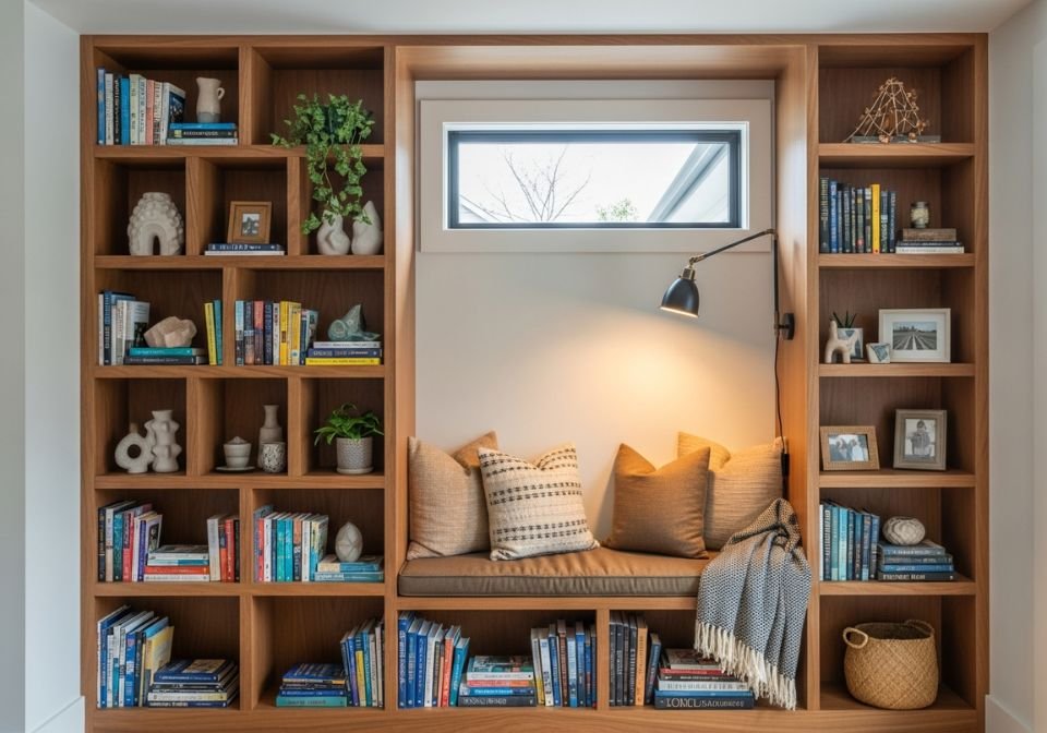 A warm custom-built wall unit featuring bookshelves, decor accents, and a cozy reading nook with cushions and soft lighting.