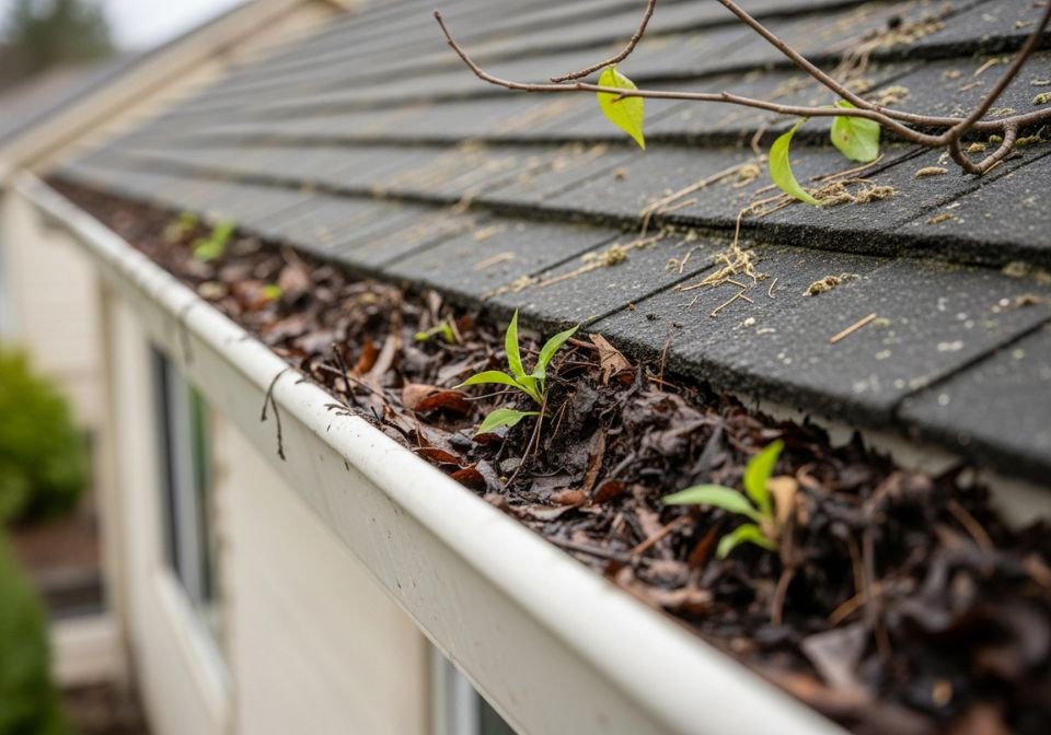 Plants Growing Inside a Clogged Residential Gutter
