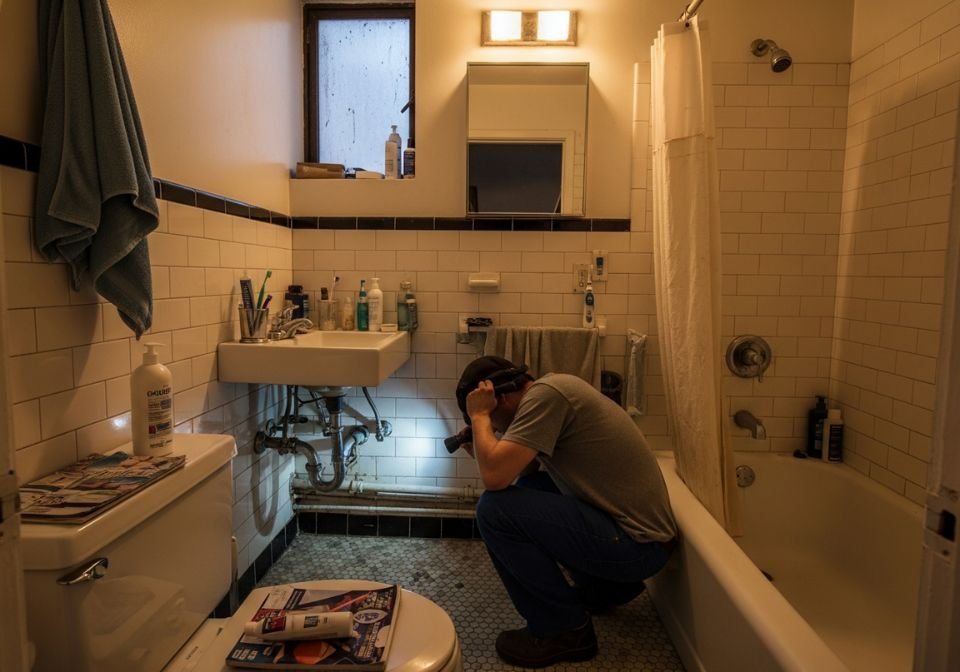 Male plumber crouching on the bathroom floor while inspecting the pipes beneath a sink in an older NYC apartment, using a flashlight to check for leaks or corrosion.