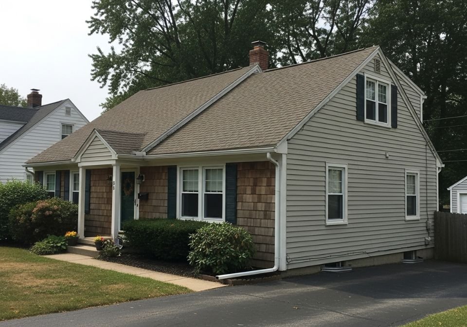 Realistic American single-family home with asphalt shingle roof and white aluminum gutters with downspouts along a clean vinyl-sided exterior