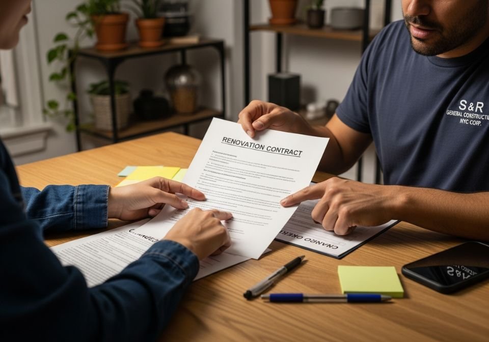 Homeowner and contractor from S and R General Construction NYC Corp reviewing a renovation contract together at a table with pens sticky notes and documents