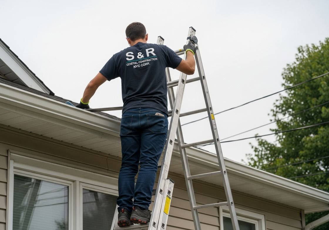 Roof Gutter Inspection with Proper Ladder Safety – S & R General Construction NYC Corp