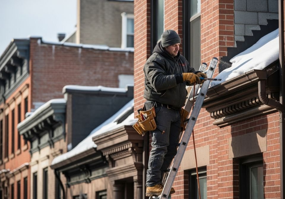 A professional roofer standing on a ladder cleaning snow and ice from a brick building’s gutters in Brooklyn, New York during winter maintenance.