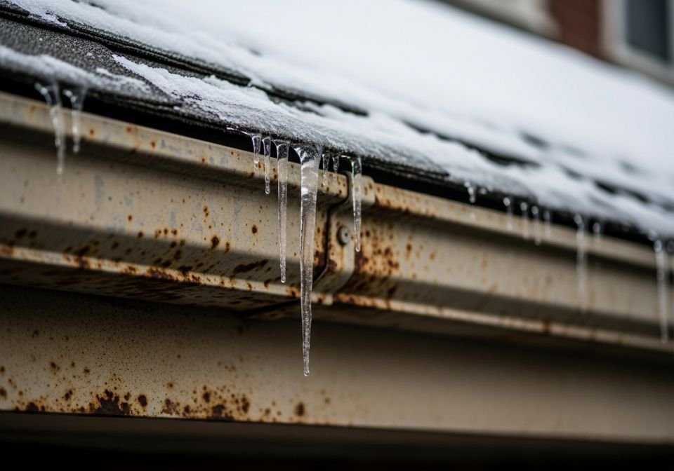 Close-up of a rusty roof gutter with icicles and snow buildup on a Brooklyn home during winter, showing signs of gutter damage and poor drainage.