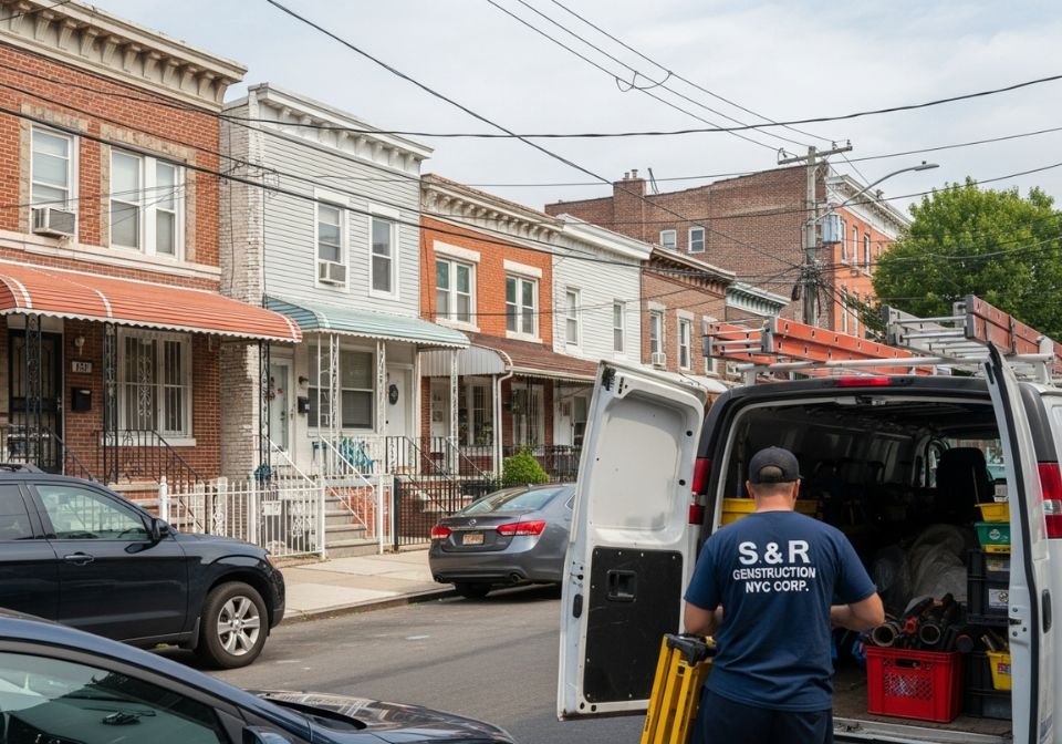 Male plumber wearing an S & R General Construction NYC Corp. shirt unloading tools from a service van parked on a residential NYC street lined with brick and siding row homes.