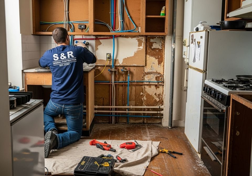 Male plumber wearing an S & R General Construction NYC Corp. shirt kneeling on the floor while installing new plumbing lines inside a partially demoed NYC kitchen with exposed pipes and tools scattered around.